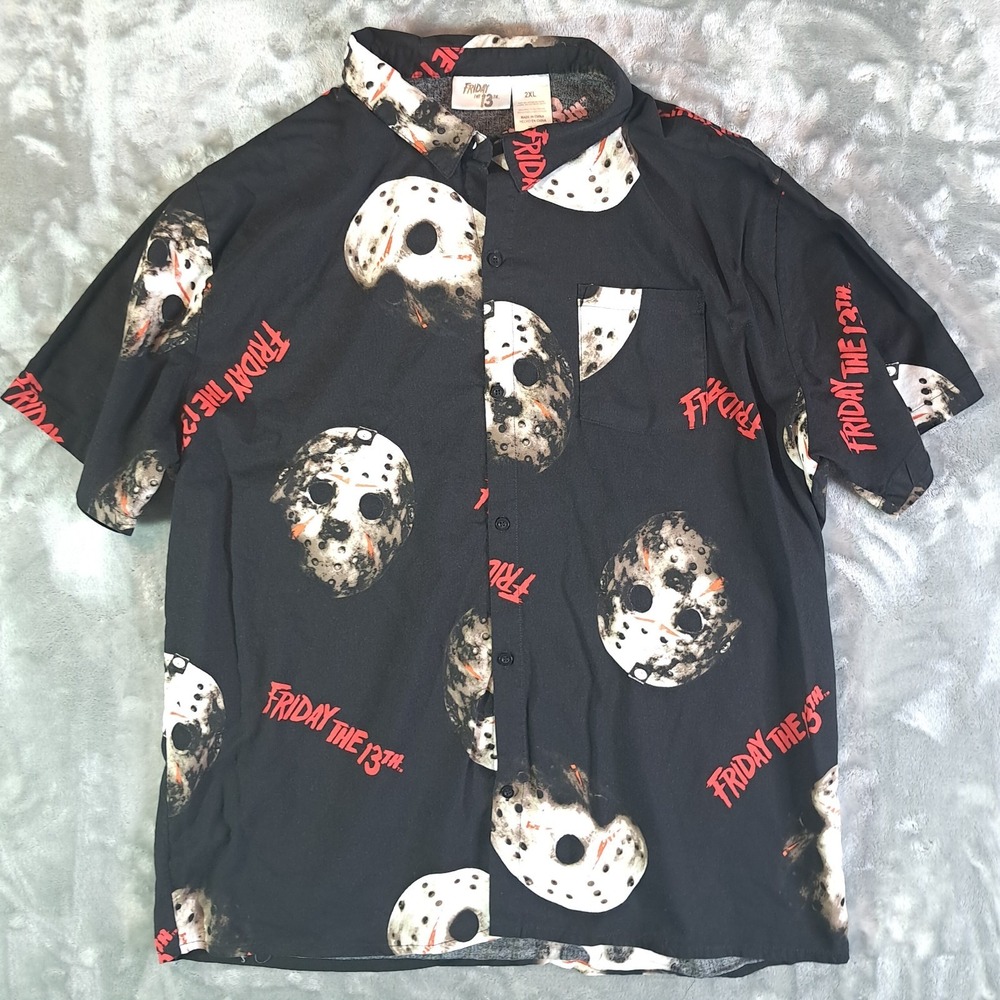 Friday The 13th Shirt Men's 2XL Black Button Up Jason Mask Print Short Sleeve